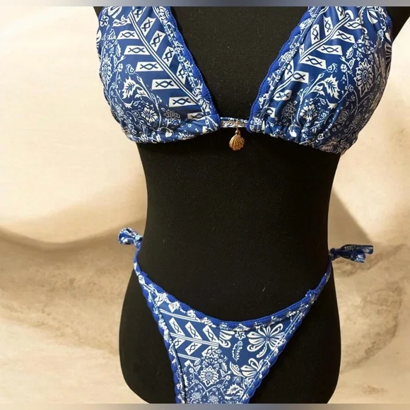 Blue Printed Triangle Bikini Set - Women Swim - Picture 2 of 4